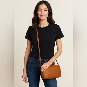 Powerland vintage monogrammed leather red lining crossbody bag.